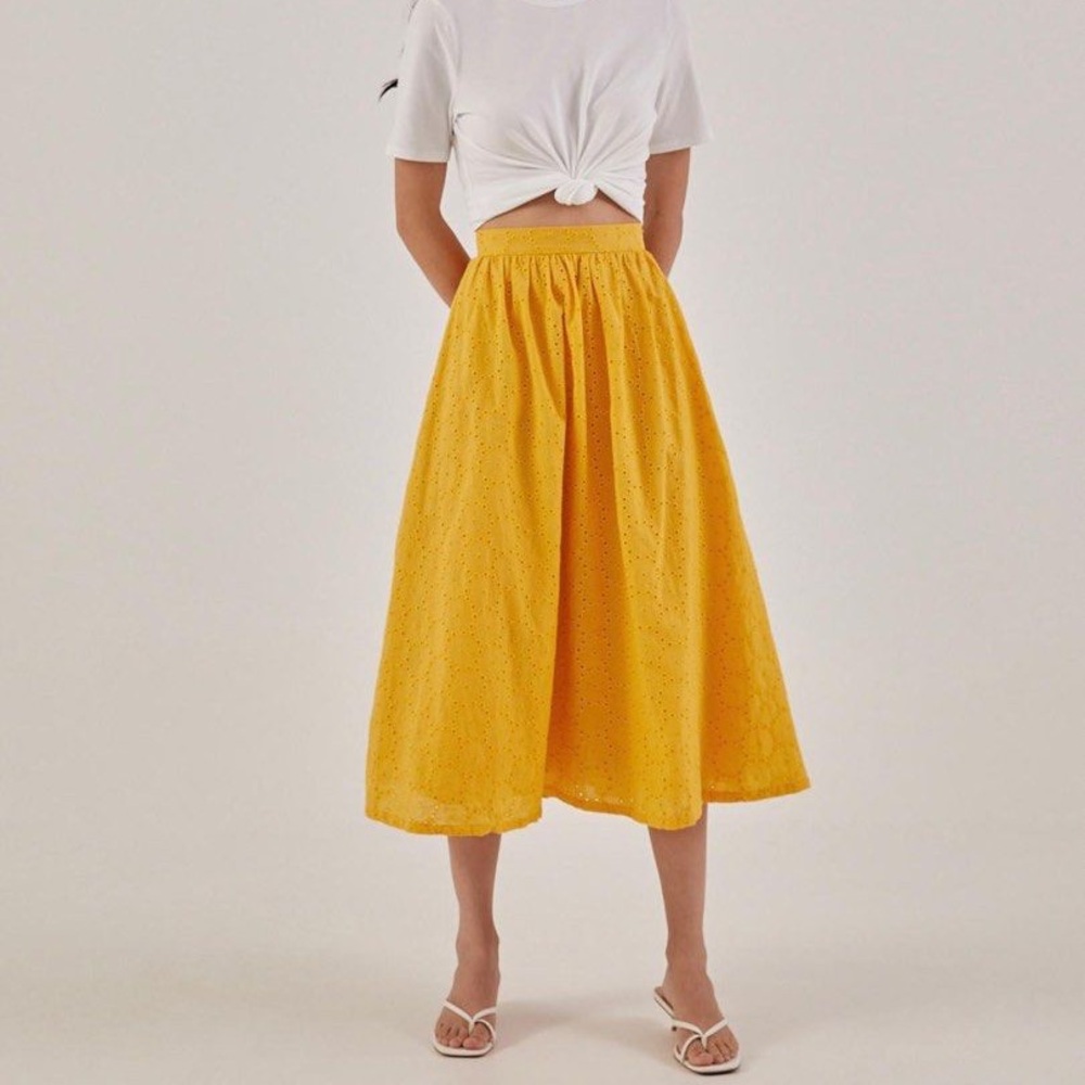 Love Bonito Cassia Broderie Ruched Skirt yellow midi skirt